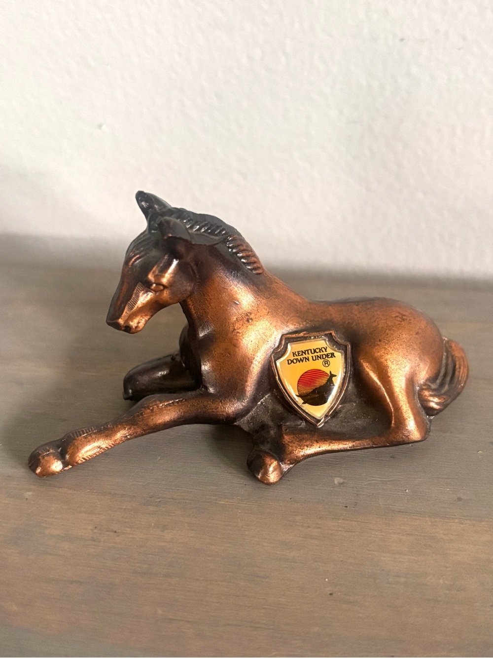 Vintage Kentucky Down Under Horse Paperweight Metal Souvenir Copper Tone